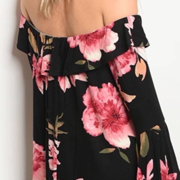 BLACK FLORAL OFF SHOULDER RUFFLED DRESS - Picture 3 of 4